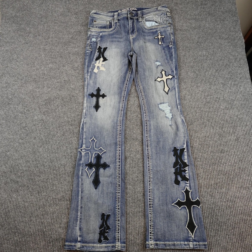 Ninth Hall Signal Jeans Mens 34x34 Light Wash Blue Straight Gothic Cross Denim